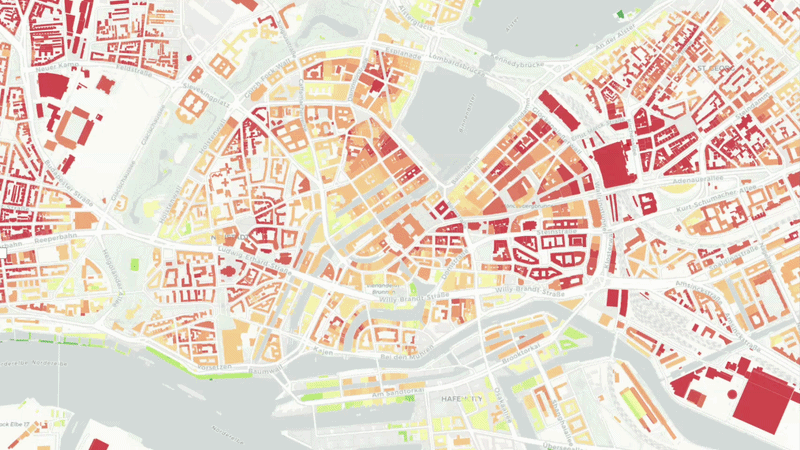 Animated preview of UHI simulation and roof greening impact viewer for Hamburg