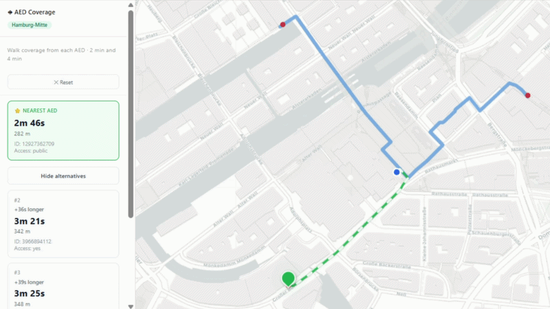 Animated preview of nearest AED routing with walk-time isochrone coverage analysis